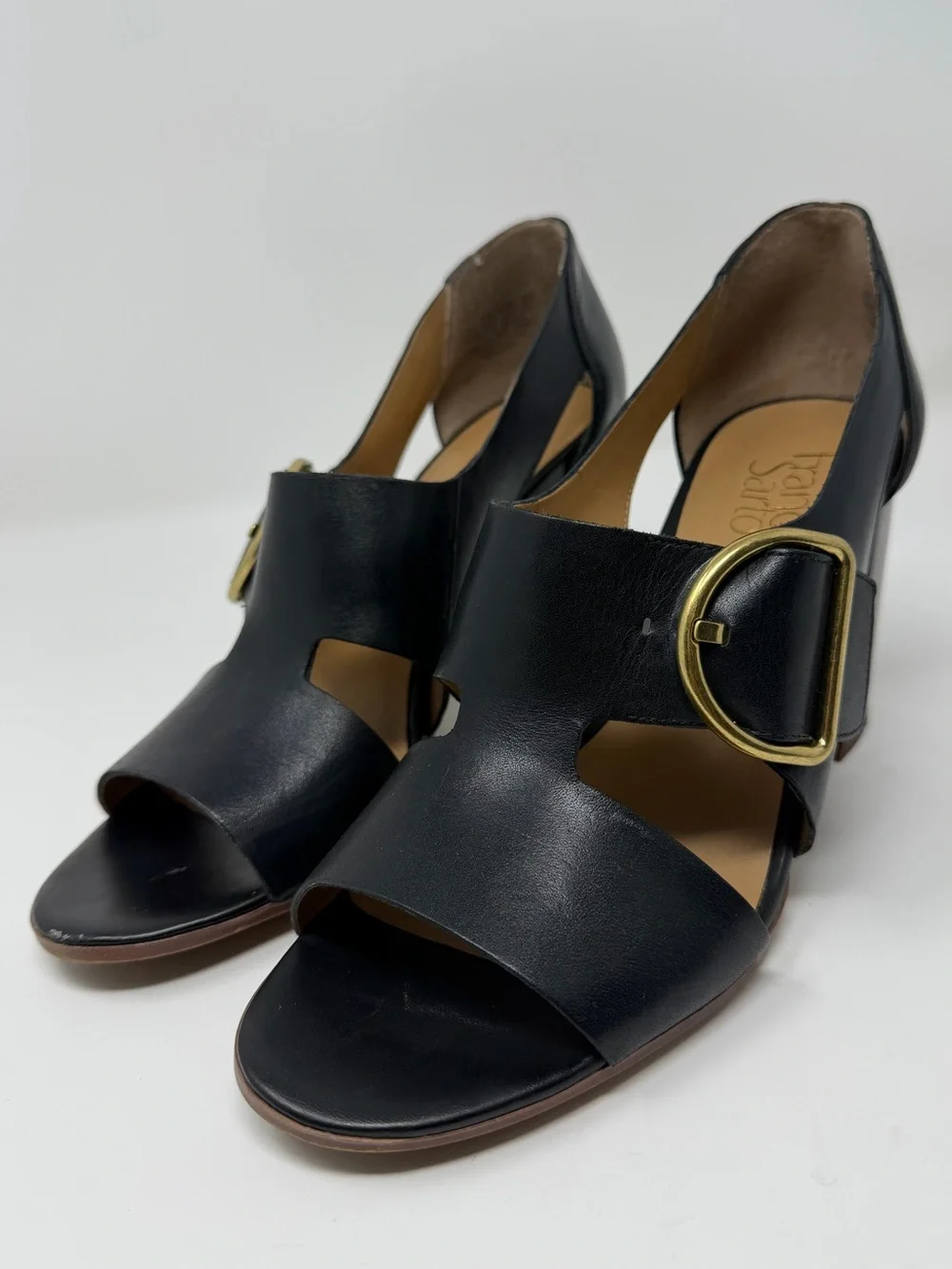 Franco Sarto Black Leather Open-Toe Block Heel Sandals with Gold Buckle Sz. 8.5